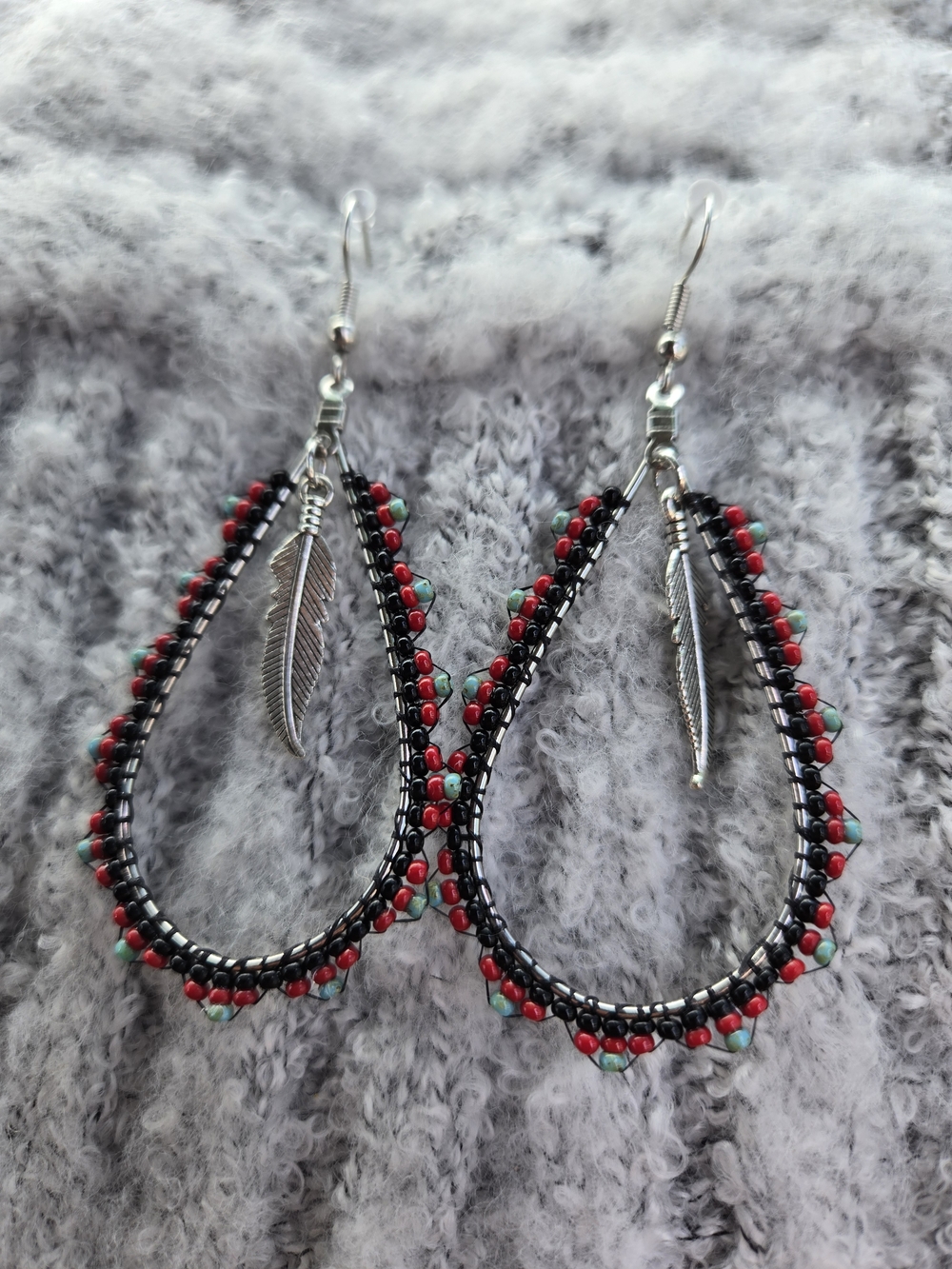 Beaded Teardrop Feather Dangle Earrings in Red & Turquoise
